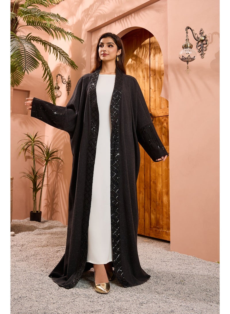 Dubai Sequins Patchwork Abaya Muslim Elegant Casual Solid Open Kaftan Arabic Dresses For Women - Image 4